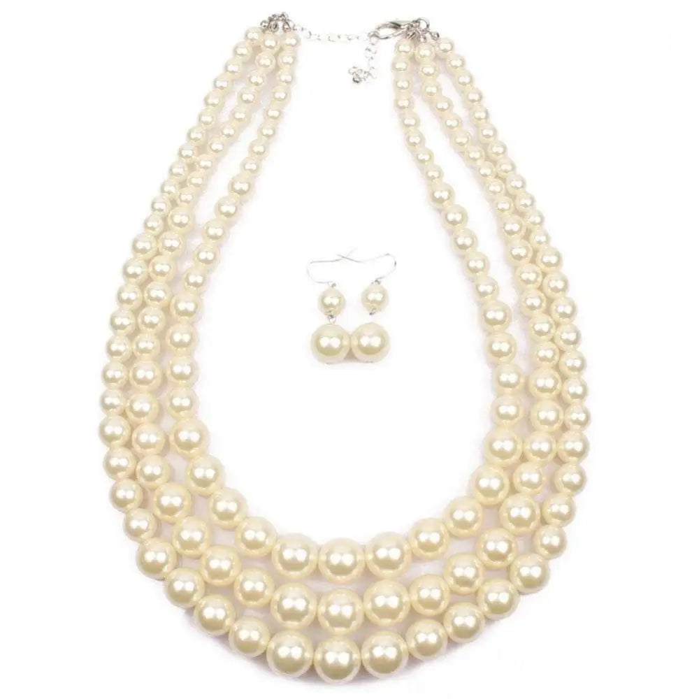 Three Strand Pearls And Earrings Ecru Necklaces